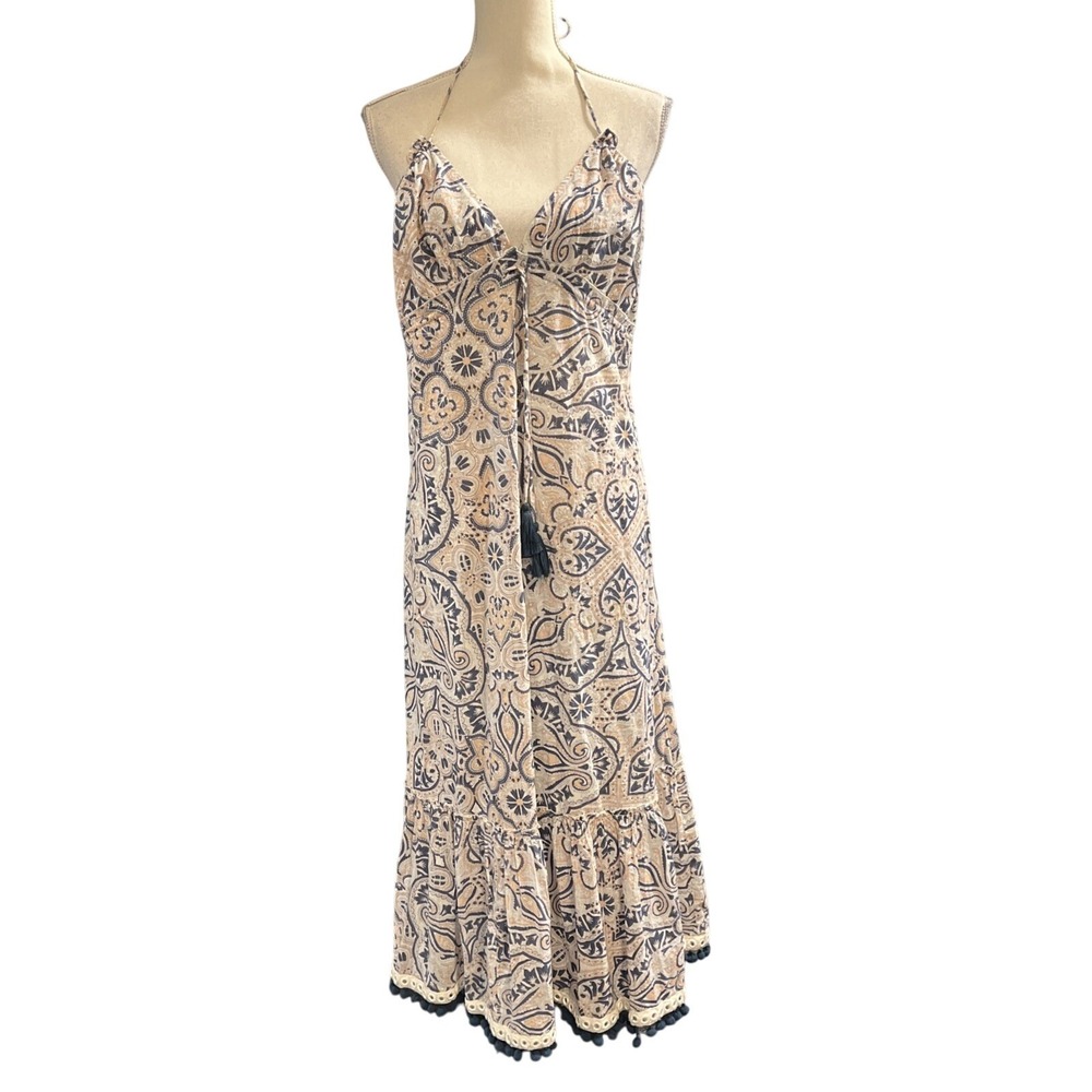 Tularosa Dress Womens M Blue Tieredβ Halter Babydoll Midi Maxi Tassel Sundress